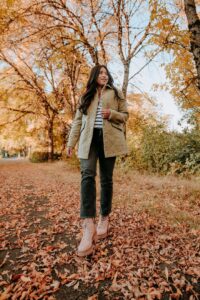  Quilted Green Jacket & Stripe Sweater